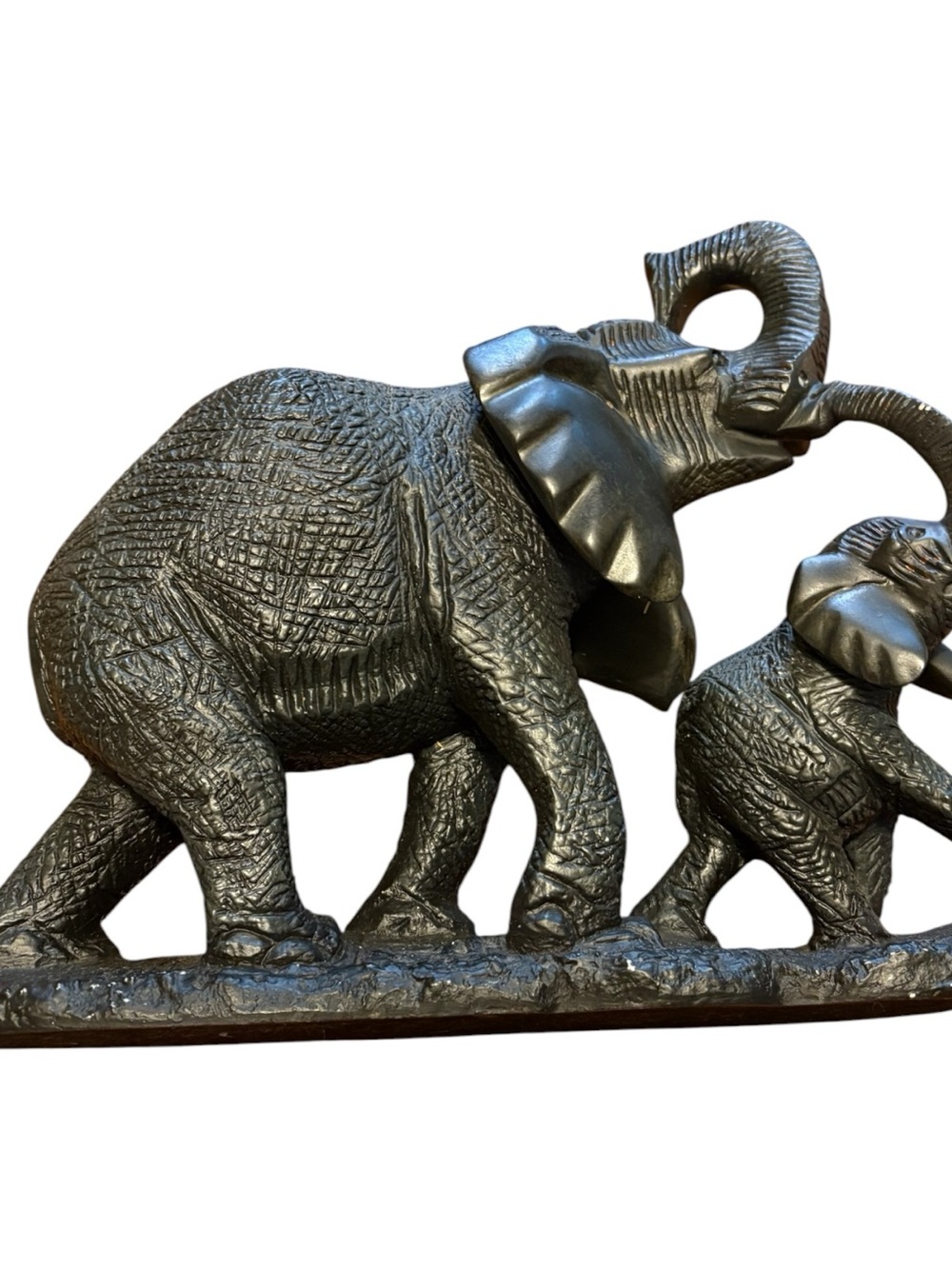 Vintage Elephant Sculpture – Mother & Baby – Dark Resin